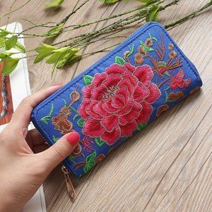 Women's Embroidered Floral Blue Double Zip Large Organizer Clutch Wallet Boho